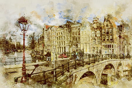 bridge with buildings and post lamp painting