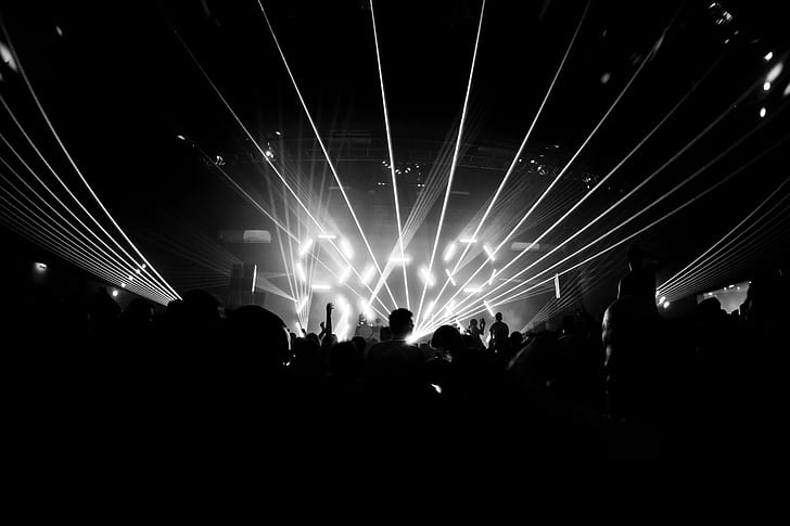 grayscale photography of concert with lights