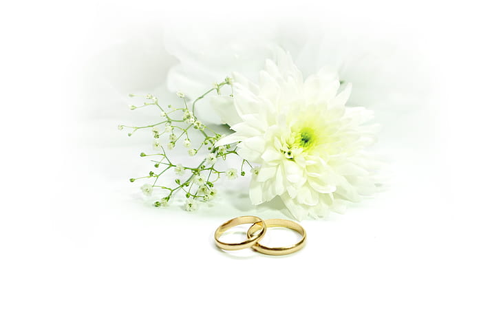 pair of gold-colored engagement ring beside of white flowers