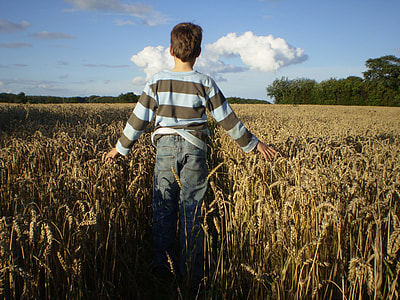 boy wearing teal and brown striped sweater standing in brown grass field during day time