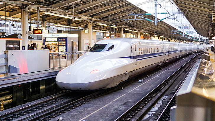 white and blue bullet train