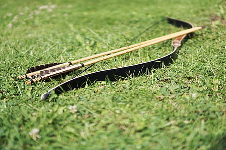 black compound bow with arrows on grassfield during daytime