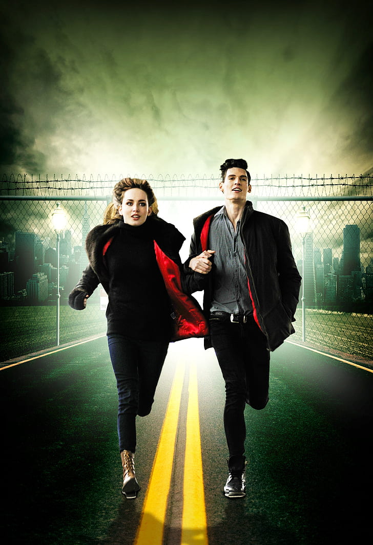 man and woman in black and red jacket running