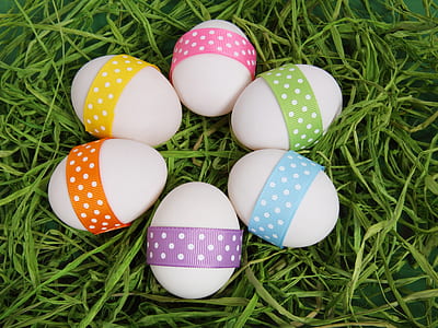 closeup photo of six assorted-color Easter eggs
