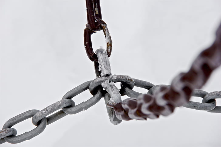 close-up photography of gray metal chain knotting each other