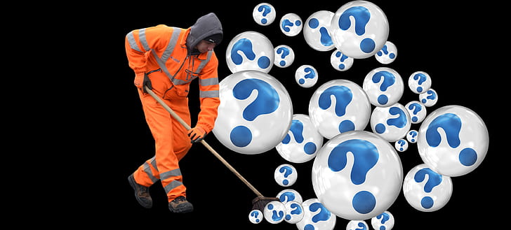 man wearing orange suit mopping question mark bobbles
