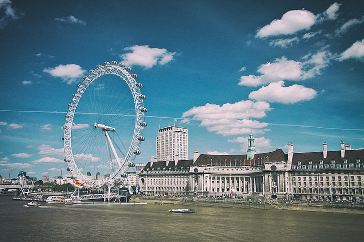 Wide angle shot of the London Eye sitting at the Southbank on the River Thames in London, England