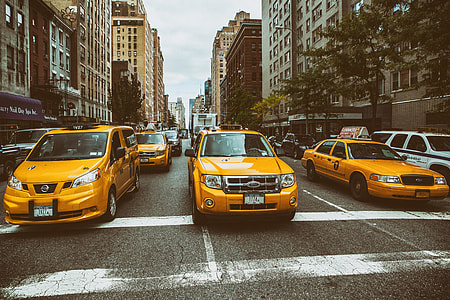Taxis wait on the busy streets of Manhattan in New York City