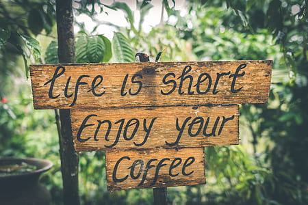 selective photography of beige wooden Life is short Enjoy your Coffee signage