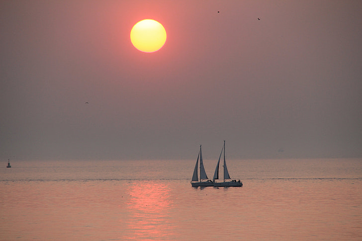 two white sailing boats under sunset