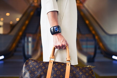 selective focus photo of person holds Louis Vuitton Monogram Canvas leather handbag