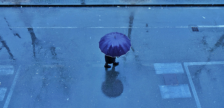 person walking on road with blue umbrella