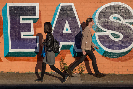 Two people walk past vibrantly-coloured street art in Shoreditch, London. Image captured with a Canon 6D DSLR