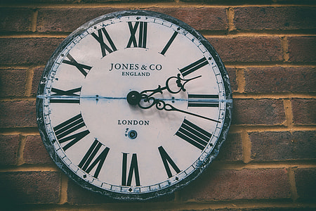 Image of a faded retro-style clock against a brick wall background