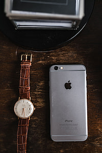 Apple iPhone 6 and Vintage watch on a brown leather wallet