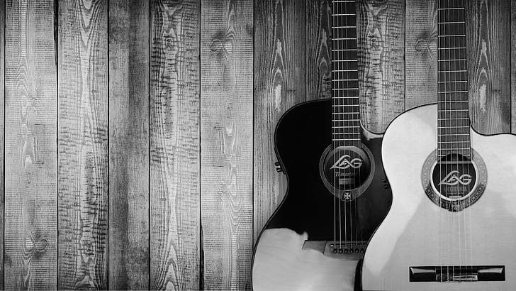 grayscale photo of two guitars