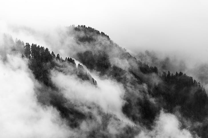 grayscale photo smoky mountain