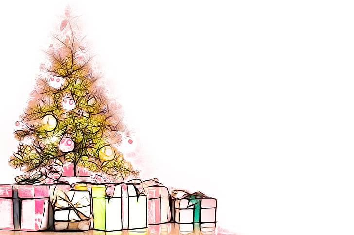 gift boxes under yellow Christmas tree illustration