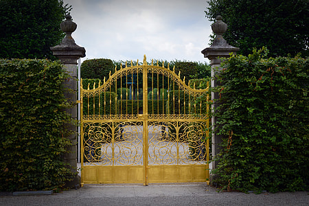 yellow metal gate beside green leaf plants