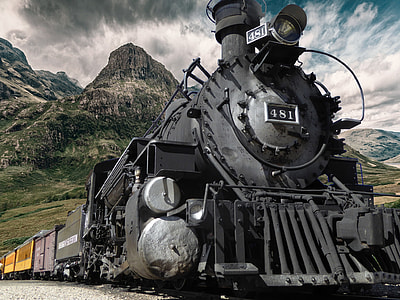 black train with mountain background
