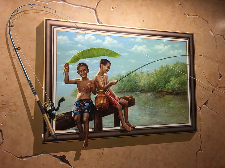 boy and girl holding fishing rod painting