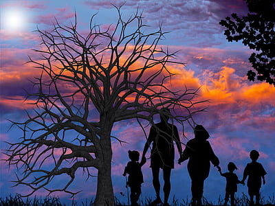 silhouette of group of people beside bare tree