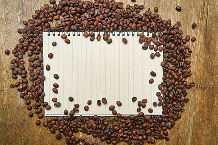 white ruled notebook between coffee beans