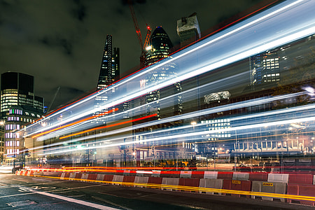 Long exposure image featuring red and white lights trails captured in the City of London. Image taken with a Canon 6D