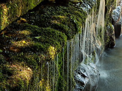 waterfalls near mossy rocks