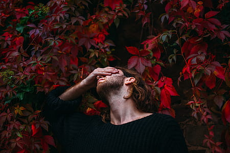 man standing covering his eyes beside red leaf plant