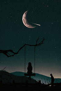 silhouette of girl sitting on swing fixed to a tree branch under bright starry night sky with crescent moon illustration