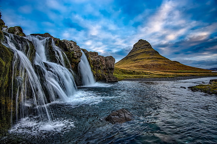 landscape photography of waterfalls and green mountain