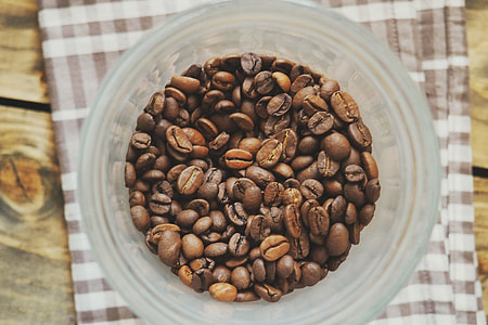 Overhead shot of coffee beans in a bowl