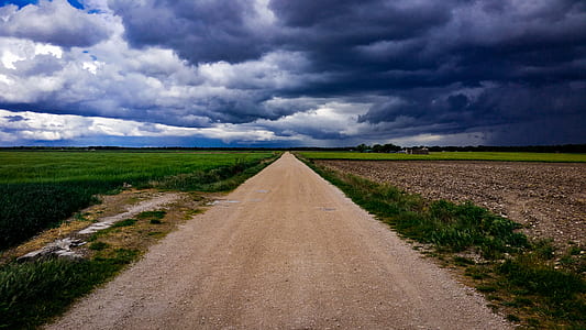 Dirt Road Surrounded With Green Field Under Cloudy Sky
