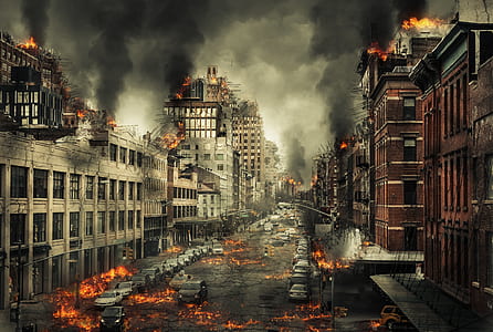 burning city with with dark smoke illustration