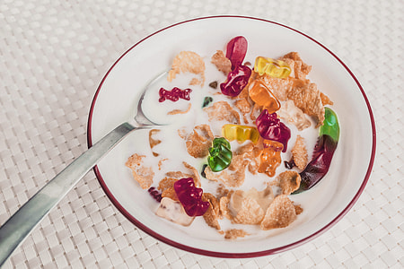 photograph of Gummie bears  and cereal bowl