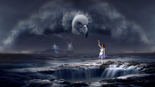 woman in white and purple dress standing on water while raising her hand towards a gray clouds