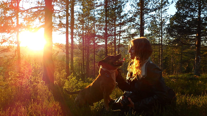 blonde woman with brown dog sitting on green grass during sunset