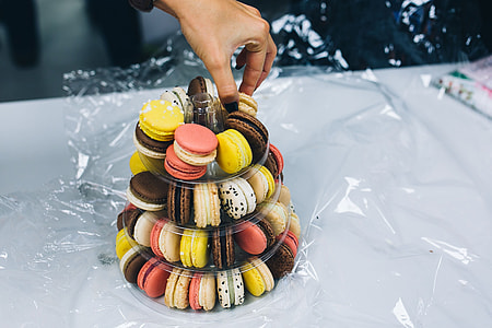 Colourful sweet macarons arranged in a tower