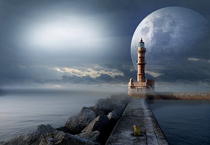 photo of gray lighthouse during full moon illustration