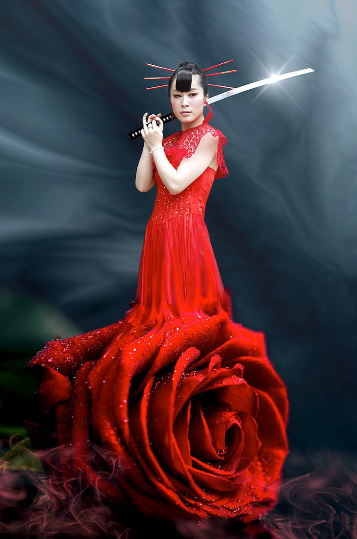 woman wearing red dress holding katana