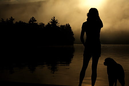 silhouette person standing beside dog near ocean