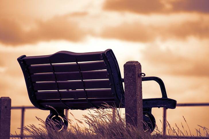 photography of brown metal bench chair