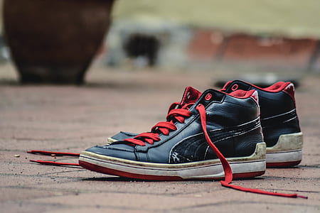 Black and Red Leather Puma Lace Up High Top Shoes