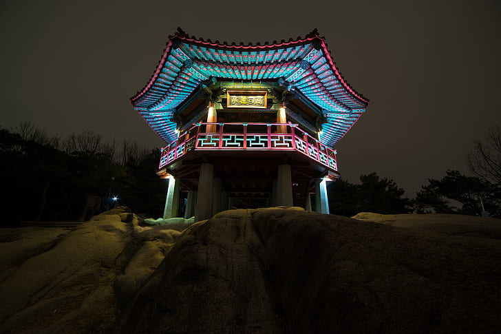 blue lighted temple on rocky mountain taken during night time