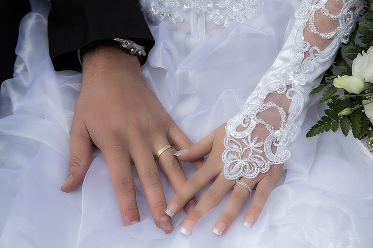 group and bride hands wearing wedding band