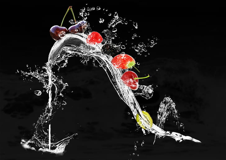 water drops with strawberry and cherry photo