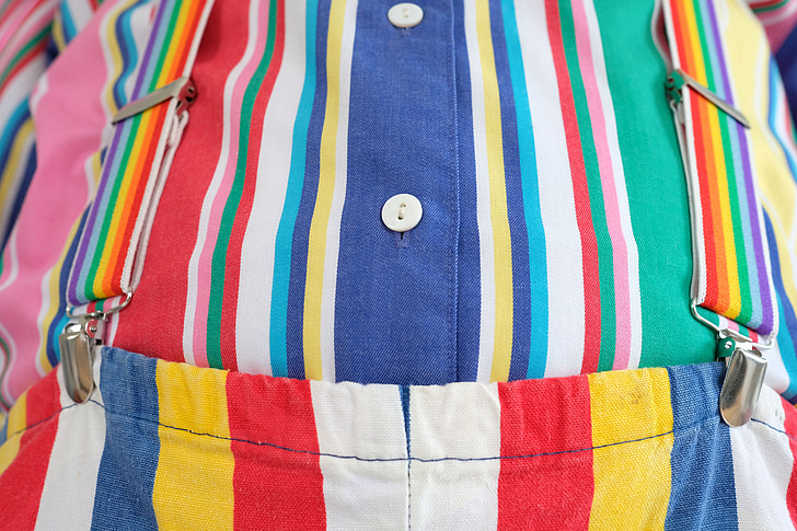 blue, green, white, red stripes button-up top with bottoms set close-up photo
