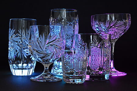 six clear glass cups