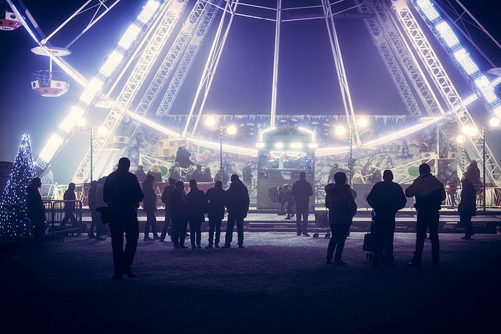 people standing near ferris wheel theme park ride during nighttime